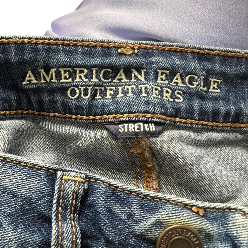 American Eagle Tomgirl Boyfriend Jeans Womens 0 Blue Distressed Stretch Raw Hem - Picture 2 of 8